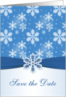 Wedding Anniversary, Save the date - white snowflake on blue card