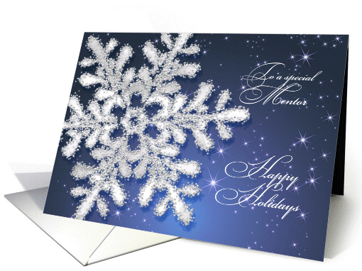Christmas for Mentor - Silver snowflake on dark blue night sky card
