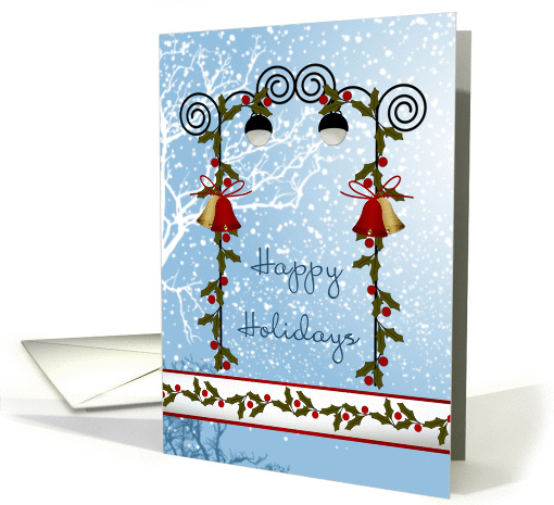 Happy Christmas holidays card - bells, holly and lantern card (723135)