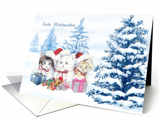 German Merry Christmas card with kittens, tree, presents card (728065)
