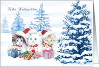 German Merry Christmas card with kittens, tree, presents card