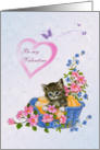 Be my Valentine card with pretty kitten and flowers. card