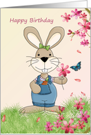 Rabbit and pink flowers Birthday card