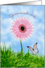 Russian Thinking of you card with pink daisy-gerbera and butterfly card