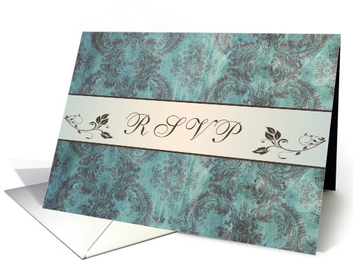 Invitation Reply, RSVP - Damask blue brown card (772723)