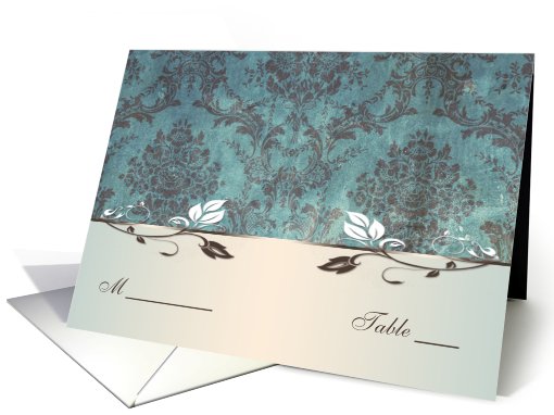 Place card - Damask dark bluish-green brown and decorative leaves card