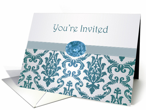 Business Invitation- Damask teal pattern with gemstone picture card