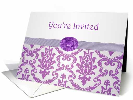 Business Invitation- Damask pattern purple with gemstone picture card