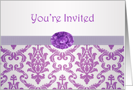 Business Invitation- Damask pattern purple with gemstone picture card