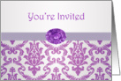 Business Invitation- Damask pattern purple with gemstone picture card