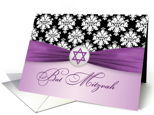 Bat Mitzvah - Black white damask, Star of David card (833632)