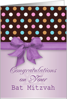 Congratulations, Bat Mitzvah - pink purple polka dots, printed bow card