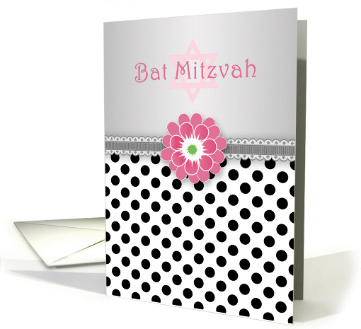 Bat Mitzvah - black white polka dot, pink flower, star of david card