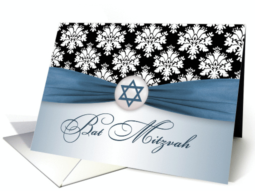 Bat Mitzvah - Damask pattern, Star of David, printed ribbon card