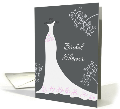 Invitation Bridal Shower - White wedding gown on black and swirls card