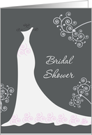 Invitation Bridal Shower - White wedding gown on black and swirls card