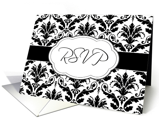 Invitation Reply, RSVP - Black and white damask pattern card (836395)