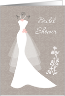 Bridal Shower Invitation - White wedding gown on brown card