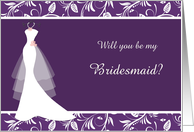 Wedding, Bridesmaid- white wedding gown and leafy damask on purple card