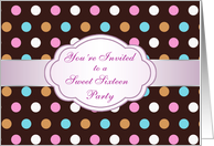 Sweet 16 Party Invitation - Pink, blue, white, brown polka dot card