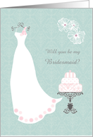 Wedding, Bridesmaid - white gown, flowers, cake on light aquamarine card