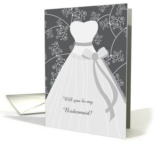 Wedding, Be my Bridesmaid - white dress and swirls on black card
