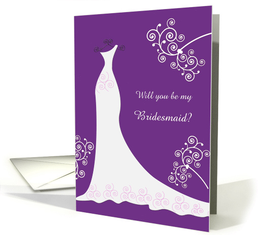 Wedding, Be my Bridesmaid - white gown and swirls on purple card