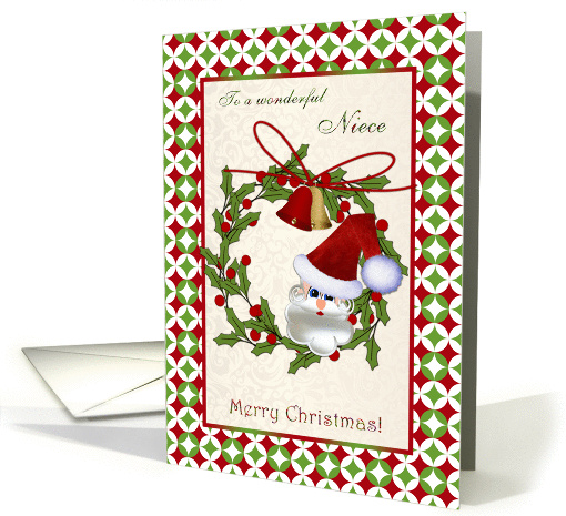 Christmas card for Niece - Santa, bells and holly wreath card (865755)