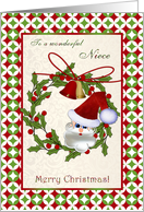 Christmas card for Niece - Santa, bells and holly wreath card