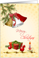 Christmas card - bells, pine, candle and christmas decorations card