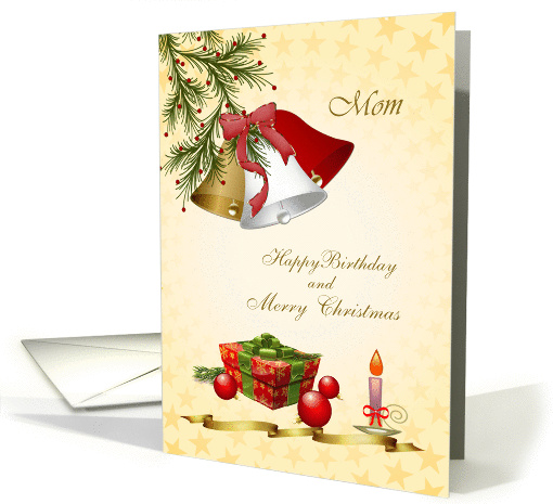 Mom Birthday on Christmas card - bells, pine, candle and... (867878)