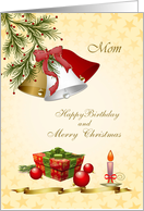 Mom Birthday on Christmas card - bells, pine, candle and christmas decoration card