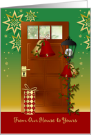Christmas, from our house to yours card - bells, door and lantern card