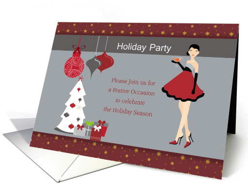 Holiday Party Invitation - Girl, Ornaments, Christmas Tree card