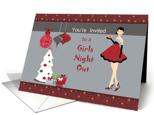 Girls Night Out Invitation - Girl, Ornaments, Christmas Tree card