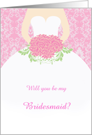 Wedding, Bridesmaid - white gown, flowers on pink damask card