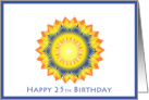 Happy 25th Birthday, star flower in yellow, blue, orange card