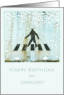 Happy Birthday in January, pedestrian crossing sign with snow, photography card