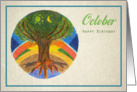 Happy Birthday in October, tree of life illustration card