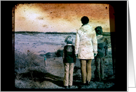 Encouragement Mom and two kids looking into distance vintage look card