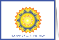 Happy 25th Birthday, star flower in yellow, blue, orange card