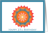 Happy 25th Birthday, star flower in red, orange, blue card