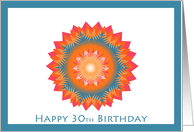 Happy 30th Birthday, star flower in red orange, blue card