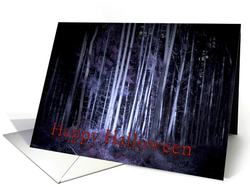 Happy Halloween, freaky scary woods at night, photography card