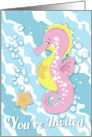 Seahorse and Starfish Birthday Party Invite Card with Pink Seahorse card