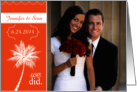 Just Married Announcement Orange with Palm Tree Custom Photo card