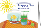 Happy 1st Norooz to Godson with Fish Bowl Wheat Grass and Apples card