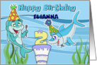 Happy 2nd Birthday Custom Name with Birthday Shark Cartoons and Cake card
