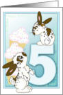 Happy 5th Birthday with Bunnies and Blue Background and Cupcakes card