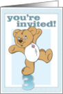 3rd Birthday Party Invitation with Button Bear Cartoon and Blue colors card